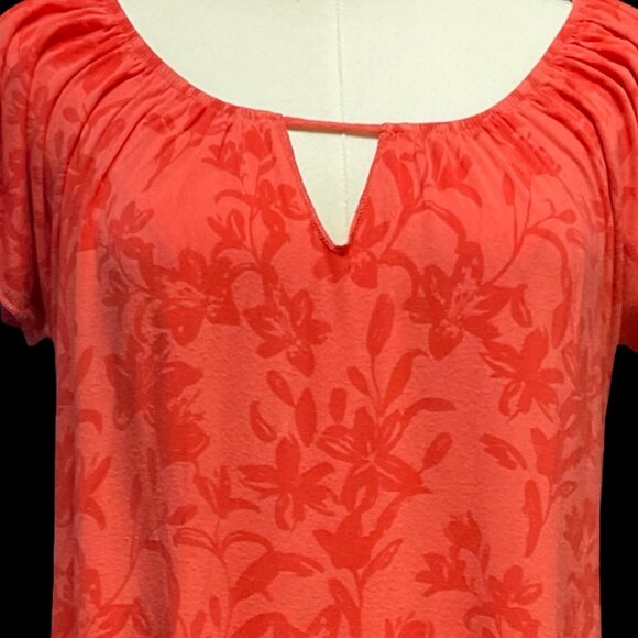 Salmon Floral Print Peasant Top w/ Flutter Sleeve - Picture 3 of 3
